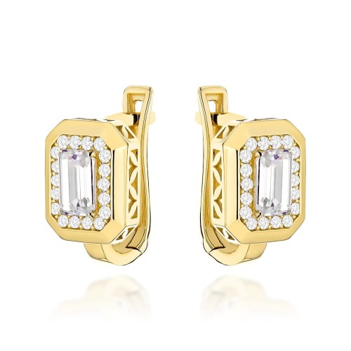 Kolczyki złote z kwadratowym kamieniem i cyrkoniami na angielskim zapięciu