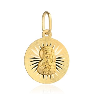 Medalik złoty Matka Boska Częstochowska z promieniami w kole