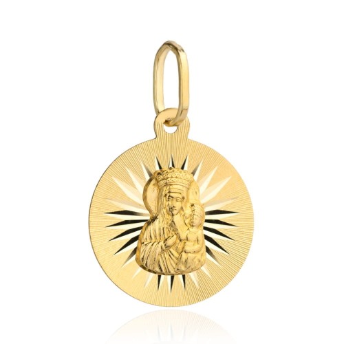 Medalik złoty Matka Boska Częstochowska z promieniami w kole