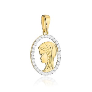 Medalik złoty wizerunek Matki Boskiej w owalu z cyrkoniami