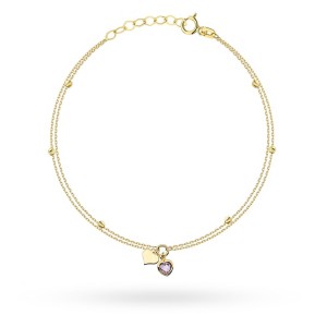 Bransoletka złota 585 podwójna z wiszącymi zawieszkami, sercem, ametyst i diamentowanymi kulkami 