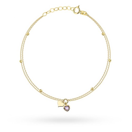 Bransoletka złota z kamieniem, sercem i diamentowanymi kulkami na podwójnym łańcuszku