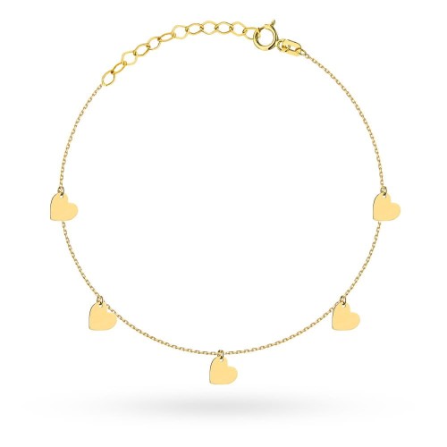 Bransoletka pięć pełnych złotych serduszek na nogę